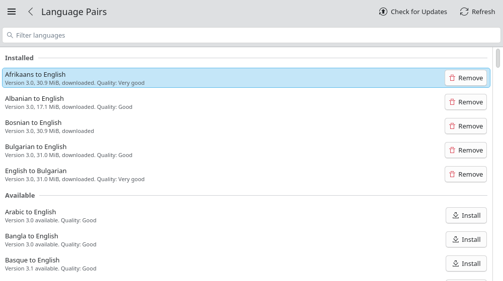 The Language Pairs page: installed pairs with their version, size and quality, and pairs available for download.