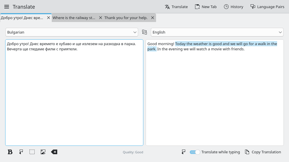 Krakoman translating Bulgarian into English in the first of three tabs. The sentence under the cursor is highlighted in the translation.